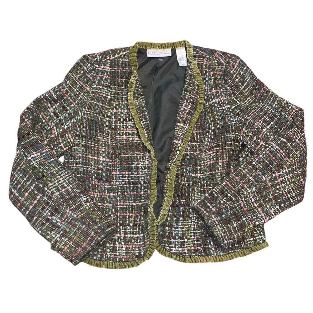 First Issue Liz Claiborne Y2K Tweed Open Front Blazer Olive Velvet Ruffle M
